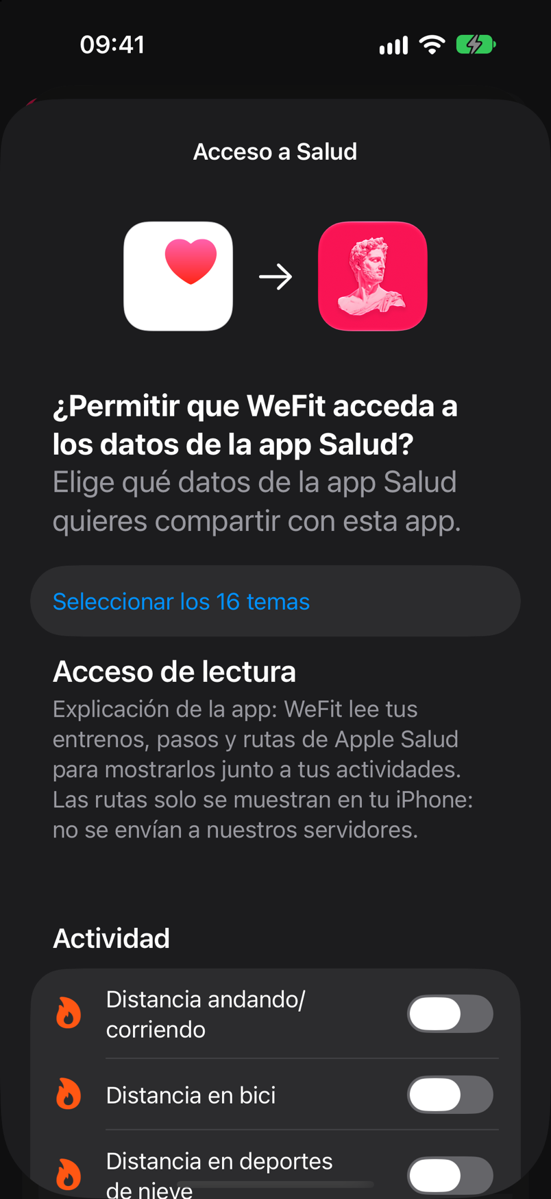 Diálogo del sistema Acceso a Salud con la explicación de WeFit y los interruptores de cada dato