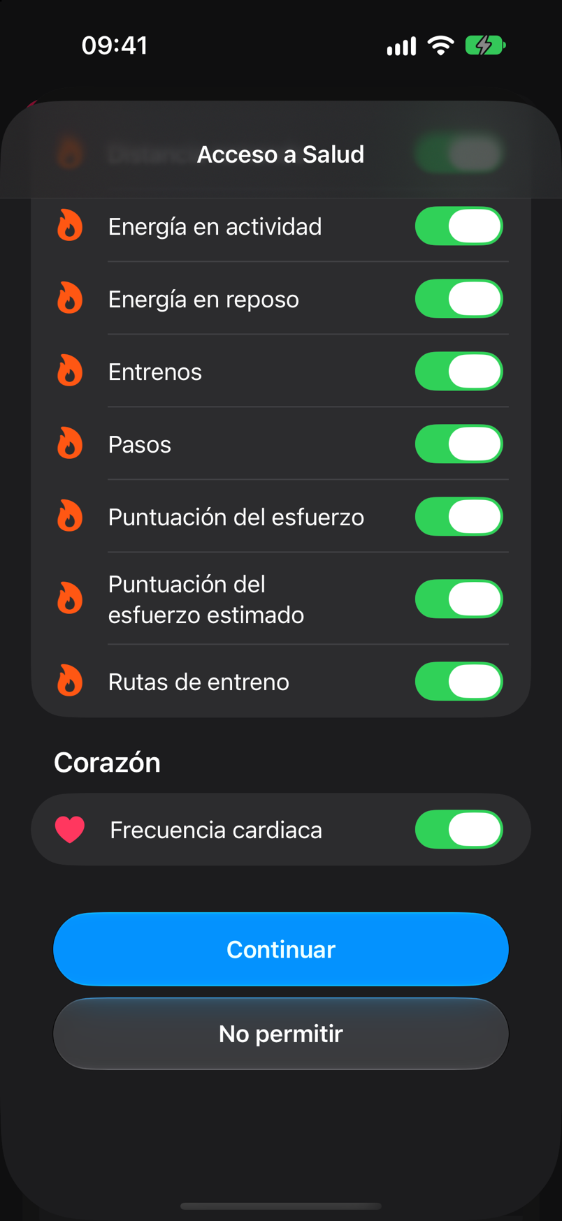 Final de la lista de permisos de Salud con los botones Continuar y No permitir