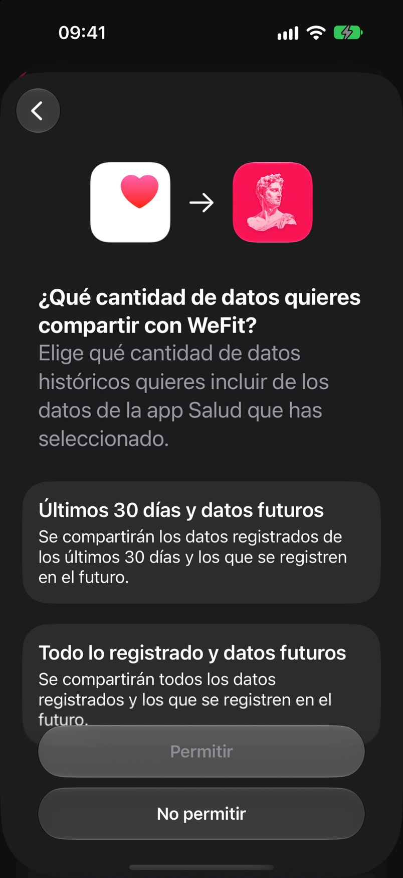 Pantalla del sistema para elegir si compartir los últimos 30 días o todo el historial de Salud