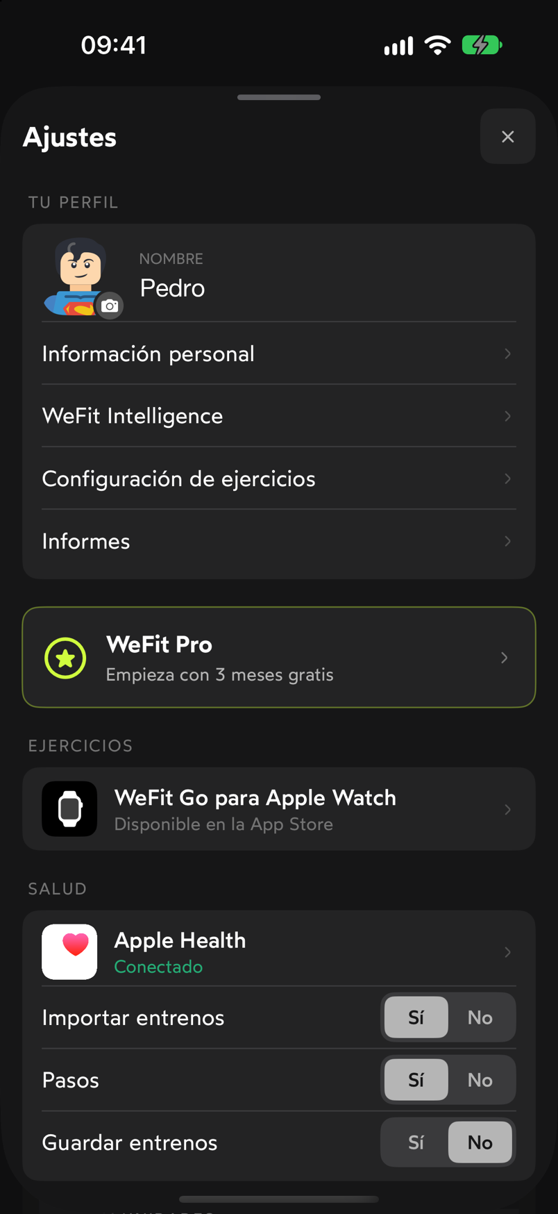 Ajustes con Apple Health conectado y las filas Importar entrenos, Pasos y Guardar entrenos