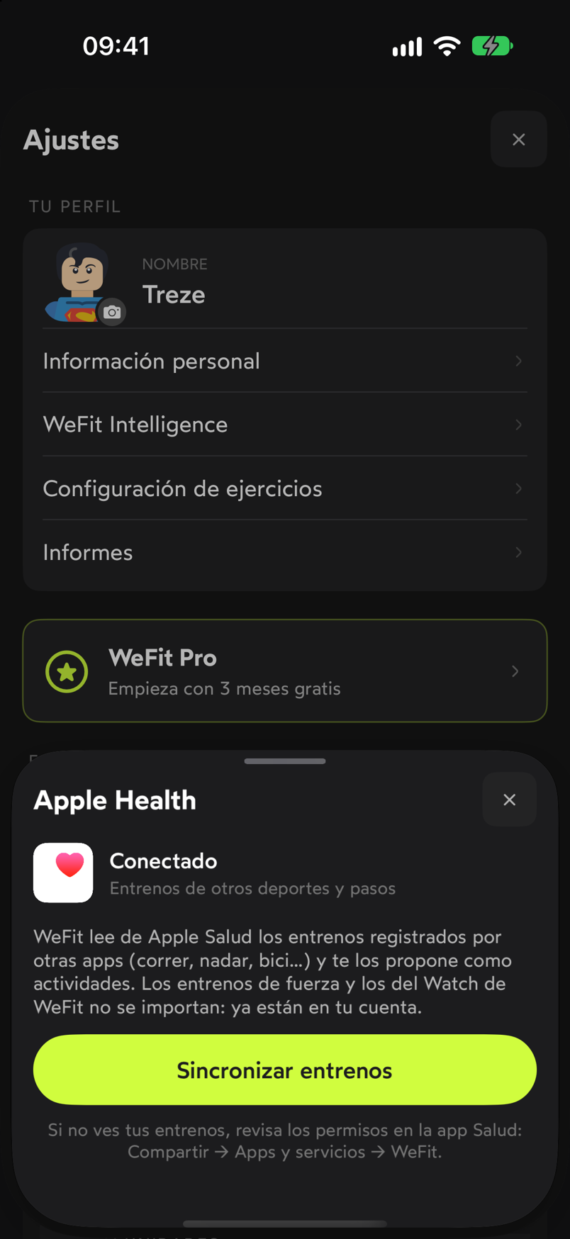 Hoja Apple Health de WeFit con el estado Conectado y el botón Sincronizar entrenos