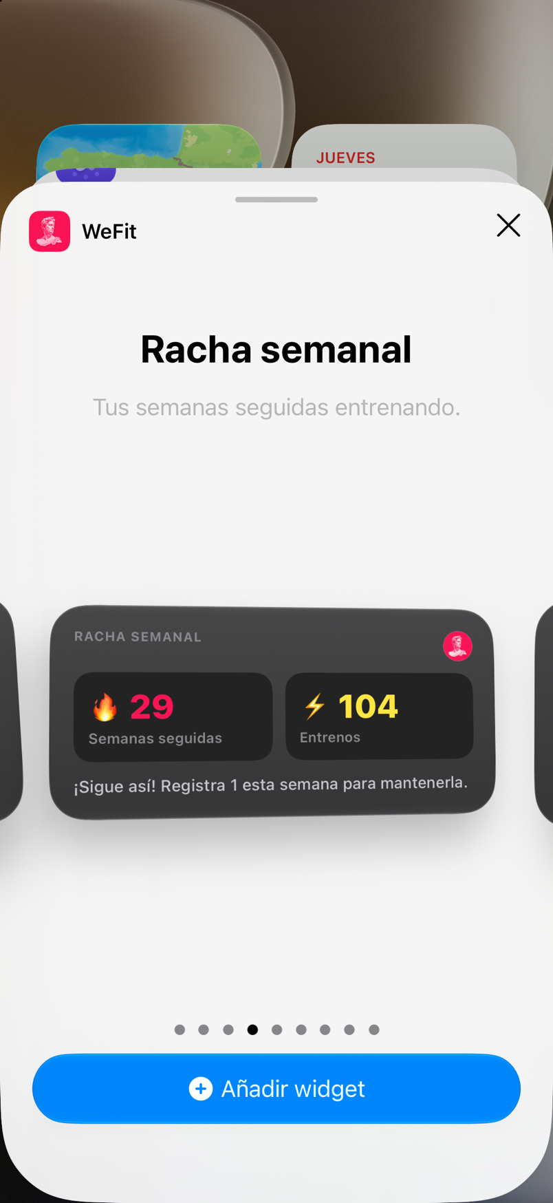 Galería de widgets: Racha semanal en tamaño medio, con las semanas seguidas y los entrenos acumulados