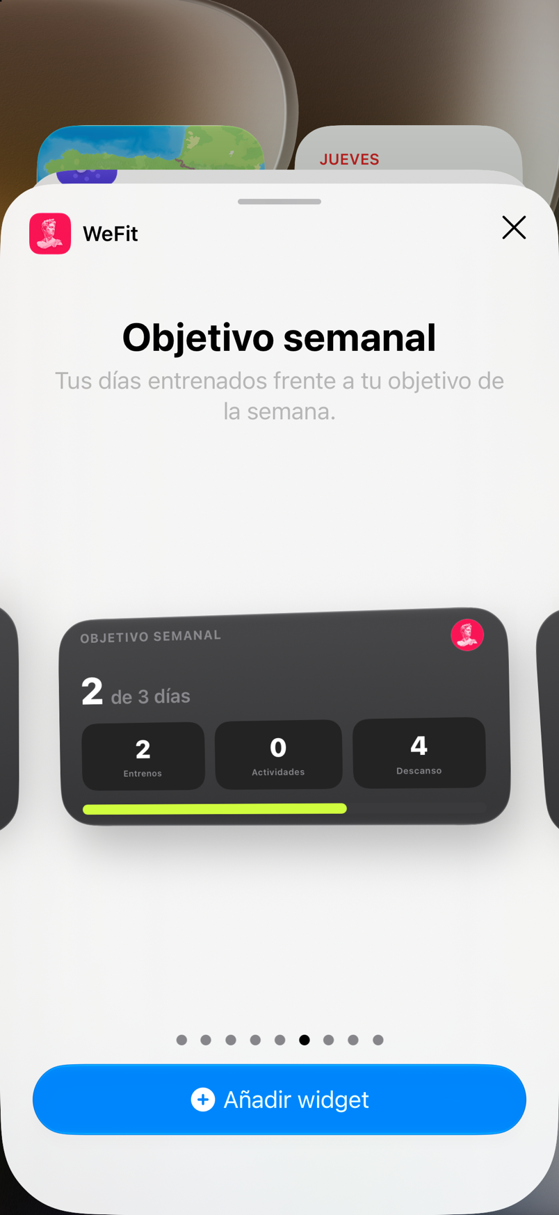 Galería de widgets: Objetivo semanal en tamaño medio, con los días entrenados frente al objetivo