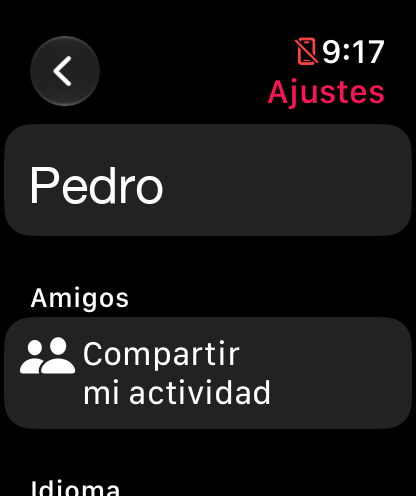 WeFit Go settings with the username, the Amigos section with Compartir mi actividad and the Idioma section