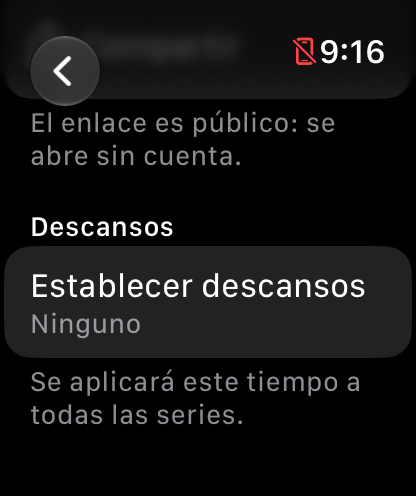 Notice that the link is public and the Descansos section with Establecer descansos: Ninguno