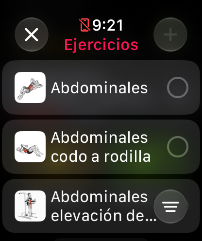 Selector de ejercicios del reloj con la lista alfabética y el botón de filtro
