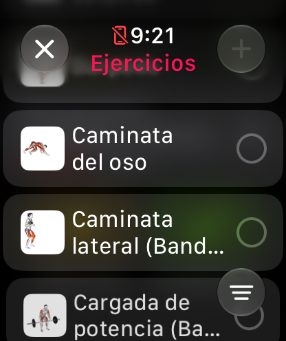 Selector de ejercicios desplazado hasta la letra C