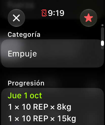 Page scrolled down with the Empuje (Push) category and the progression with dates and sets