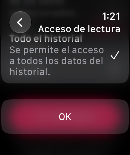 Question about which history data to share, with the Todo el historial option selected and the OK button