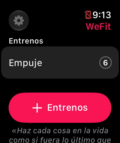 Pantalla Hoy de WeFit Go con el entreno del día y el botón Entrenos con el signo más