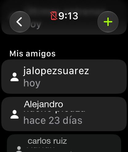 Pantalla con la opción Últimos entrenos y la lista Mis amigos con la fecha de su último entreno