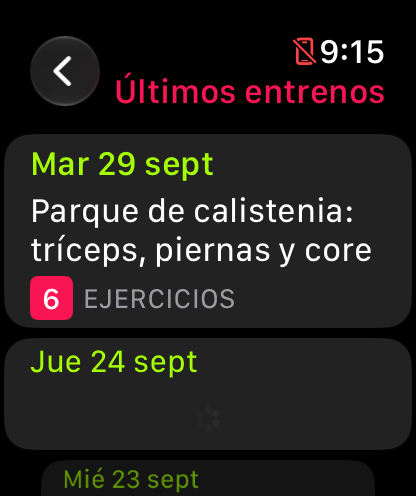 Lista Últimos entrenos con fechas, nombres y número de ejercicios