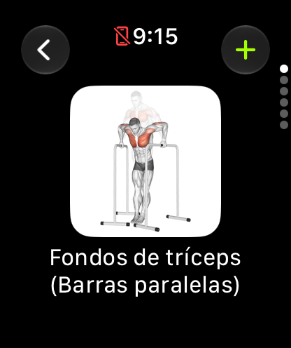 Vista previa de un entreno con la imagen de un ejercicio y el botón más arriba a la derecha