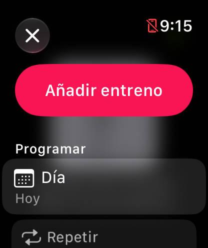 Hoja Añadir entreno con las opciones Día: Hoy y Repetir: No