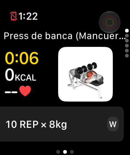 Player set page: stopwatch, kilocalories, heart rate and the target of 10 reps at 8 kilos