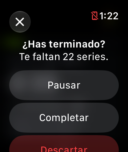 Dialog ¿Has terminado? (Are you done?) with the options Pausar, Completar and Descartar