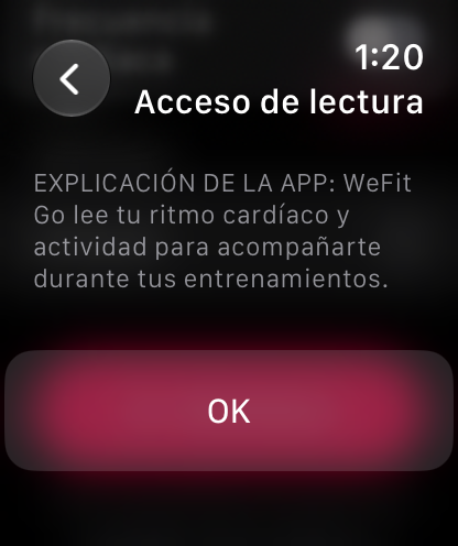Explicación de la app sobre la lectura de ritmo cardíaco y actividad, con el botón OK