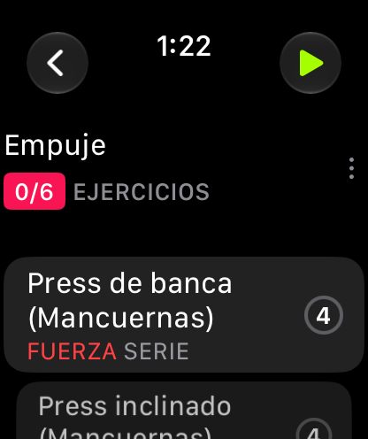 Empuje (Push) session in WeFit Go with the 0/6 exercises counter and the list of exercises