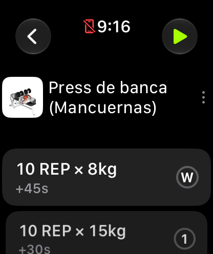 Bench press exercise view with its sets and the rest for each one